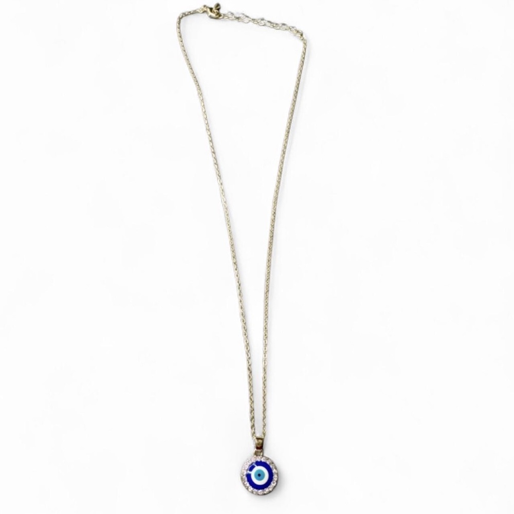 Gold Evil Eye Pendant Necklace with Rhinestones | 18” Chain